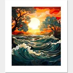 Waves ocean sunset 5 Posters and Art